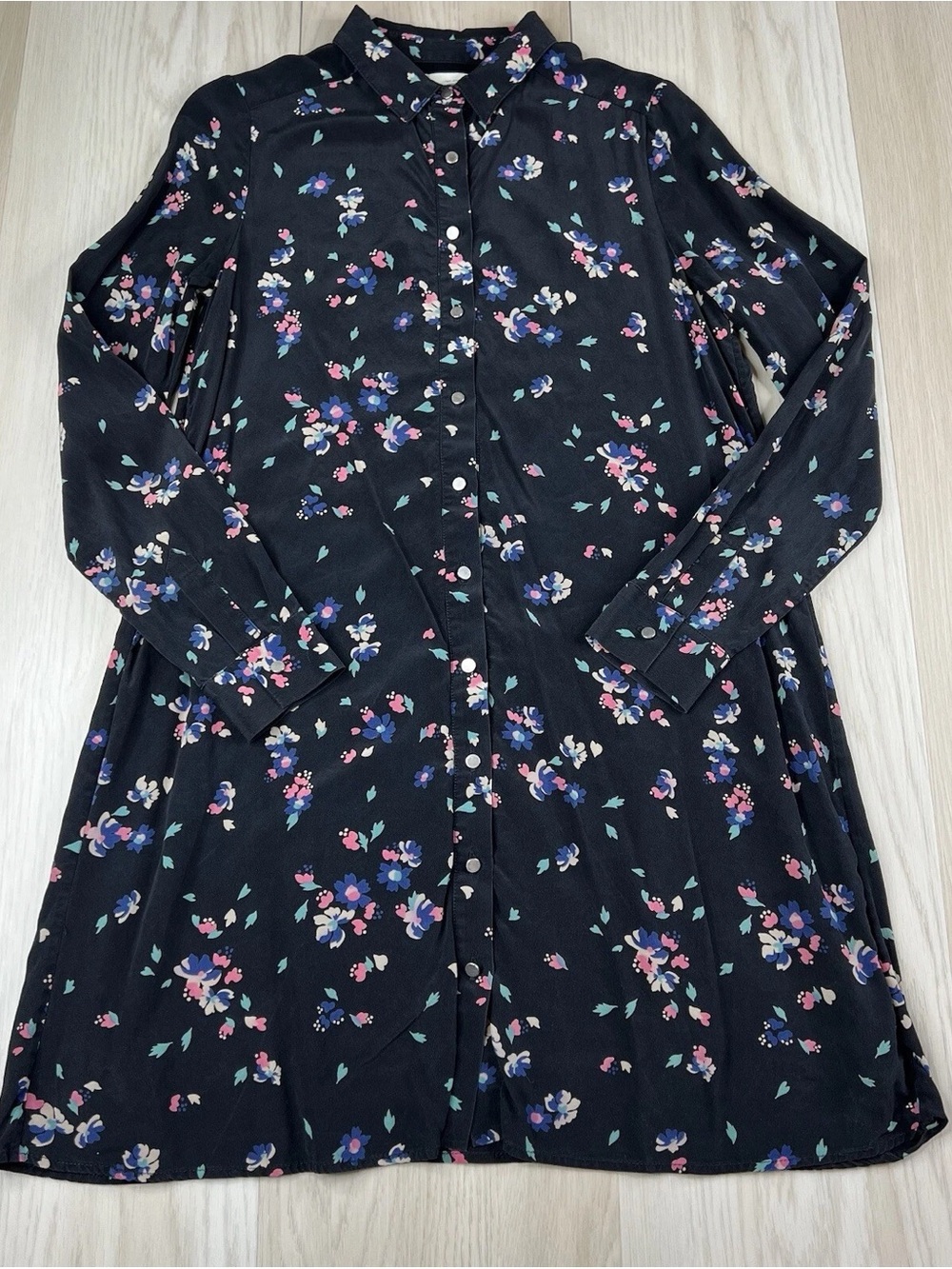 Sezane Black Floral Long Sleeve Shirt Dress with Pink and Blue Flowers